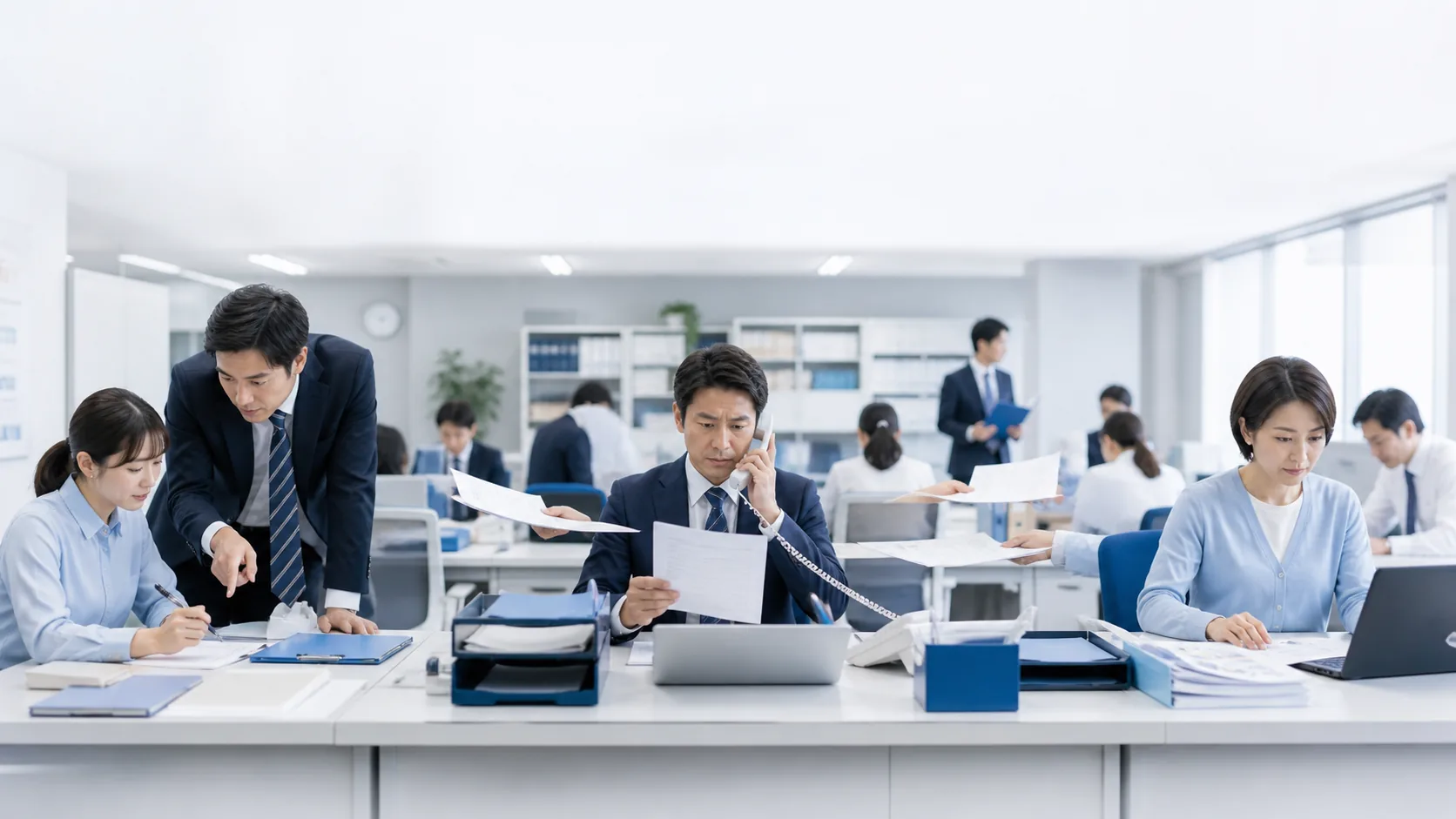教育、承認、入力作業が同時に重なっている中小企業のオフィスイメージ